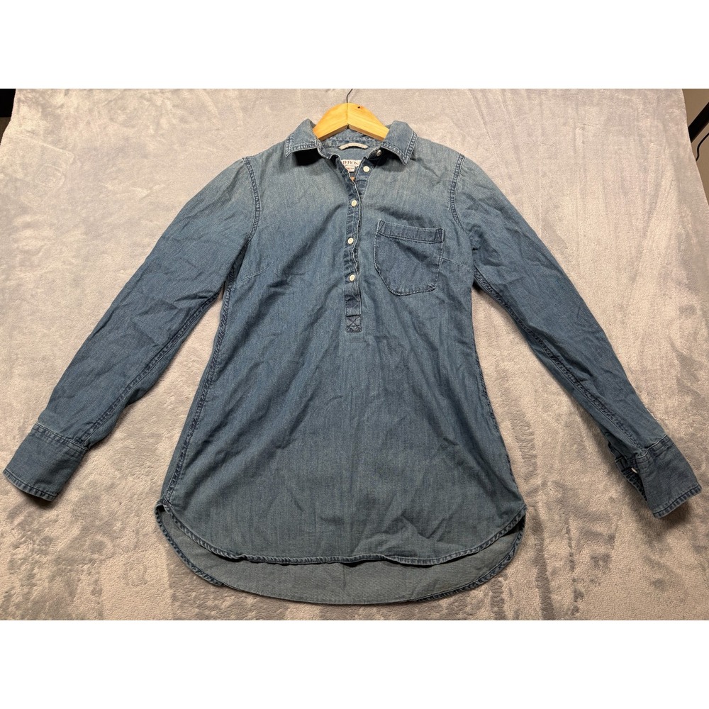 Merona Chambray Popover Shirt Womens XS Blue High Low Hem Long Sleeve Cotton
